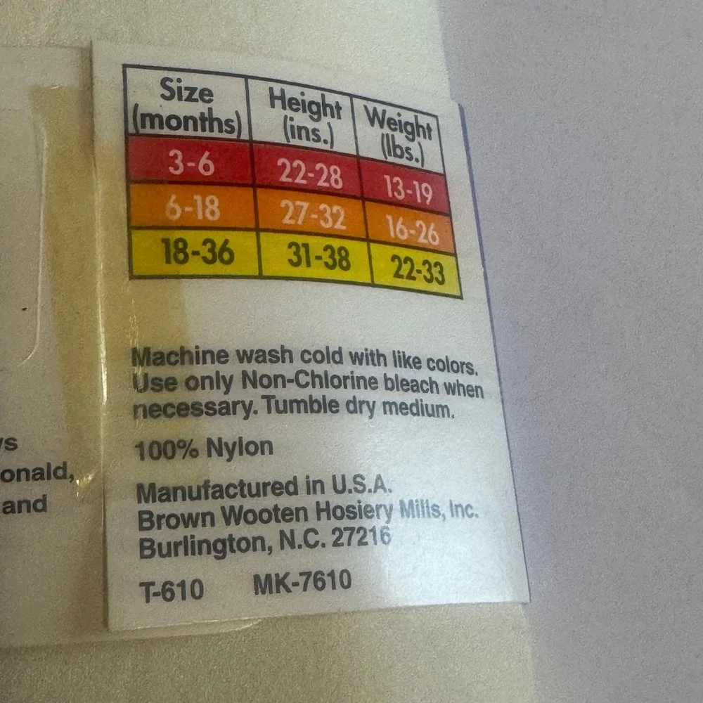 McKids Vintage Ecru Nylon Opaque Tights 3-6 Months McDonald's MK761003 USA Made